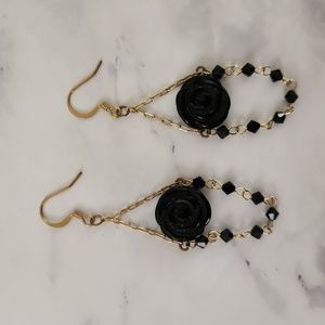 Gold Black Rose Beaded Earrings
